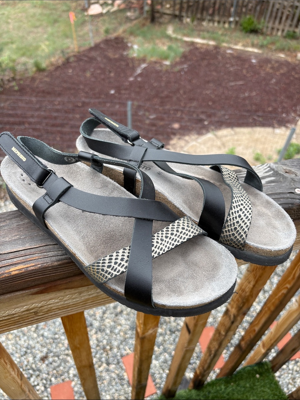Mephisto Black Sandals with Snake-Print Accent